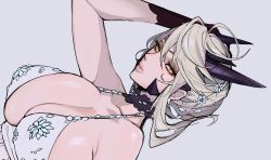 Rule 34 | 1girl, adjusting hair, artoria pendragon (fate), artoria pendragon (lancer alter) (fate), artoria pendragon (lancer alter) (royal icing) (fate), black gloves, black horns, breasts, cleavage, ennuigrl, fate/grand order, fate (series), gloves, highres, horns, large breasts, lingerie, nightgown, official alternate costume, platinum blonde hair, underwear, unfinished, white background, yellow eyes