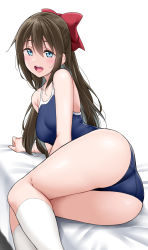Rule 34 | 1girl, :d, ass, ass focus, bare shoulders, bed sheet, blue eyes, blue one-piece swimsuit, blush, bow, breasts, brown hair, commentary request, competition swimsuit, dot nose, hair between eyes, hair bow, half updo, highres, kneehighs, long hair, looking at viewer, love live!, love live! nijigasaki high school idol club, lying, medium breasts, on side, one-piece swimsuit, open mouth, osaka shizuku, red bow, school swimsuit, simple background, smile, socks, solo, swimsuit, thighs, white background, white socks, yopparai oni
