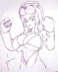 Rule 34 | 1girl, animal costume, bikini, bikini top only, breasts, collarbone, commentary request, copyright request, corrupted twitter file, hands up, highres, huge breasts, monochrome, navel, nipples, open mouth, short hair, solo, swimsuit, traditional media, tsukareta san, underboob, zipper