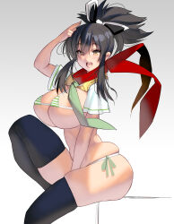 Rule 34 | 1girl, absurdres, asuka (senran kagura), bikini, black hair, black thighhighs, breasts, brown eyes, commission, curvy, green necktie, green stripes, hair ribbon, hand on own head, highres, huge breasts, kouno (masao), looking at viewer, micro bikini, necktie, open mouth, pixiv commission, plump, ponytail, red scarf, ribbon, scarf, senran kagura, shirt, side-tie bikini bottom, skindentation, smile, solo, striped bikini, striped clothes, swimsuit, thighhighs, white ribbon, white shirt