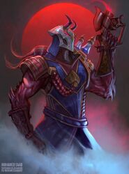 Rule 34 | 1boy, armor, artist name, blood moon (league of legends), blood moon jhin, colored skin, commentary, covered face, cowboy shot, deviantart username, english commentary, facebook username, fingernails, fog, glowing, glowing eye, glowing eyes, gun, highres, holding, holding gun, holding weapon, horned mask, horns, jhin, league of legends, male focus, mask, moon, red eyes, red hair, red moon, red skin, sharp fingernails, shoulder armor, sleeveless, smoke, smoking barrel, solo, spiked arm, spikes, standing, thefearmaster, weapon