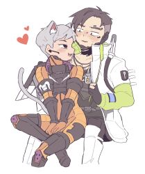 Rule 34 | 1boy, 1girl, animal ear fluff, animal ears, animification, apex legends, armor, black eyes, black footwear, black gloves, black hair, black shirt, black vest, blush, boots, breastplate, cat ears, cat girl, cat tail, cat teaser, collarbone, commentary, crypto (apex legends), gloves, grey hair, hetero, highres, holding, jetpack, jewelry, kemonomimi mode, armored boots, necklace, nojima minami, orange gloves, parted hair, partially fingerless gloves, sanpaku, shirt, short hair, sitting, sitting on lap, sitting on person, smile, symbol-only commentary, tail, thigh boots, valkyrie (apex legends), vest, white footwear, white shirt