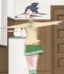 Rule 34 | 1girl, :d, animated, animated gif, black hair, blue hair, closed eyes, door, love lab (manga), maki natsuo, open mouth, pleated skirt, school uniform, screencap, skirt, smile, solo, spinning, teapot