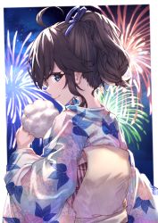 Rule 34 | 1girl, aerial fireworks, ahoge, black hair, blue eyes, blue kimono, blue ribbon, commentary request, cotton candy, fireworks, floral print, food, hair between eyes, hair ribbon, high ponytail, highres, holding, holding food, izumo kasumi (nijisanji), japanese clothes, kimono, looking at viewer, looking to the side, mole, mole under mouth, morning glory print, night, night sky, nijisanji, obi, ponytail, print kimono, profile, ribbon, sash, sidelocks, sky, solo, upper body, virtual youtuber, yuuki nao (pixiv10696483)