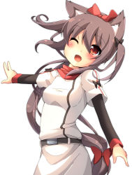 Rule 34 | 1girl, absurdres, animal ears, bad id, bad pixiv id, belt, blush, brown hair, cat ears, fang, hair ribbon, highres, long hair, one eye closed, open mouth, original, oruto (ort+), oruton, outstretched arm, ponytail, red eyes, ribbon, shirt, skirt, smile, solo, twintails, wink