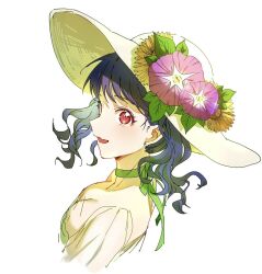 Rule 34 | 1girl, artist request, black hair, breasts, cleavage, earrings, fangs, flower hat, fukumaru koito, hat, idolmaster, idolmaster shiny colors, jewelry, looking at viewer, looking to the side, red eyes, skin fangs, small breasts, solo, straw hat, swept bangs, twintails, upper body, white background