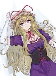 1girl blonde_hair breasts cleavage cowboy_shot dress elbow_gloves gloves hat highres kashiwada_kiiho large_breasts long_hair mob_cap pink_hat purple_dress purple_eyes solo touhou white_background white_gloves yakumo_yukari