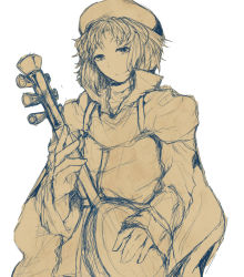 Rule 34 | androgynous, beret, enis no shounin, gender request, hat, instrument, long sleeves, looking at viewer, lute (instrument), monochrome, short hair, simple background, sketch, smile, solo, theta (543243462)