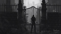 Rule 34 | 1other, ambiguous gender, bloodborne, building, capelet, city, commentary, copyright name, facing away, fence, from behind, greyscale, hunter (bloodborne), long sleeves, monochrome, outdoors, pants, scenery, shirt, solo, standing, suspenders, suspenders hanging, tripdancer, white shirt, wide shot