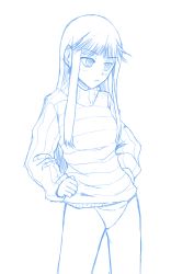 Rule 34 | 1girl, :&lt;, ar tonelico, ar tonelico ii, blue theme, hands on own hips, jakuri (ar tonelico), long hair, maydrawfag, monochrome, no pants, panties, ribbed sweater, solo, sweater, underwear
