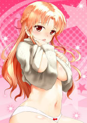 Rule 34 | 10s, 1girl, :o, aran sweater, asuna (sao), breast press, breasts, brown hair, cable knit, clothes lift, half updo, highres, kgo, large breasts, no bra, panties, red eyes, sweater, sweater lift, sword art online, underboob, underwear, white panties