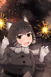 Rule 34 | 1girl, animal ears, anotherpicq, belt, clothes, dark background, fireworks, gloves, grey hair, happy, highres, kemono friends, night, open mouth, pallas&#039;s cat (kemono friends), snow, snowing, solo, sparkle, sparkler, teeth, white gloves, yellow eyes