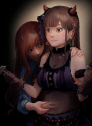 Rule 34 | 2girls, ahoge, arisugawa natsuha, arm garter, bare shoulders, bat hair ornament, bead necklace, beads, belly chain, belly grab, black background, black eyes, black ribbon, blue jacket, blush, bow, breasts, brown eyes, brown gloves, brown hair, chocolate, cleavage, closed mouth, commentary, crop top, cropped shirt, crypthiyama, demon horns, earrings, facial mark, fake horns, food, gloves, hair bow, hair ornament, hair ribbon, hand on another&#039;s shoulder, hands up, highres, holding, holding chocolate, holding food, horns, idolmaster, idolmaster shiny colors, jacket, jewelry, large breasts, long hair, long sleeves, looking at another, multiple girls, necklace, orange hair, purple ribbon, purple shirt, ribbon, see-through, see-through cleavage, shirt, sonoda chiyoko, spider web print, star (symbol), star earrings, star facial mark, star hair ornament, sweatdrop, swept bangs, track jacket