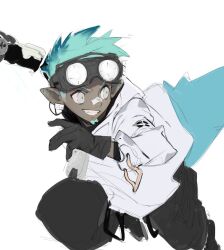 Rule 34 | 1boy, arknights, black gloves, black pants, chameleon tail, dark-skinned male, dark skin, ethan (arknights), facial hair, gloves, goatee, goggles, goggles on head, grey eyes, grin, huan shi tian tong, jacket, male focus, multicolored hair, pants, pointy ears, reptile boy, simple background, sketch, smile, solo, tail, white background, white jacket
