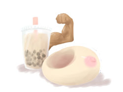 Rule 34 | bubble tea, bubble tea challenge, clenched hand, cup, dark skin, disembodied breast, disposable cup, drinking straw, flexing, goma (gomasamune), highres, muscular, nipples, oppai ball, original, simple background, what, white background, you&#039;re doing it wrong