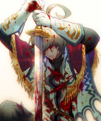 Rule 34 | 1boy, ahoge, alloces (megido72), belt, black pants, bleeding, blood, blood on clothes, blood on face, capelet, commentary request, defeat, glint, gloves, gold trim, holding, holding sword, holding weapon, hotaruika niji, injury, looking down, male focus, megido72, pants, red eyes, silver hair, solo, sword, weapon, white gloves