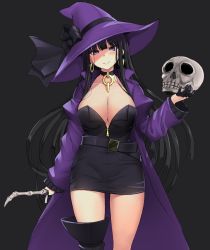 Rule 34 | 1girl, absurdres, belt, black background, black dress, black footwear, black gloves, black hair, blush, boots, breasts, choker, cleavage, coat, covered navel, dress, earrings, gloves, half gloves, hat, highres, hime cut, holding, itou ryuusei, jewelry, large breasts, long hair, looking at viewer, original, purple eyes, simple background, single thigh boot, skull, smile, solo, standing, thigh boots, thighhighs, trench coat, very long hair, wand, witch, witch hat