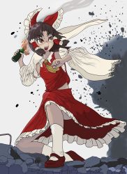 Rule 34 | 1girl, absurdres, benikurage (cookie), bottle, bow, brown eyes, brown hair, commentary request, cookie (touhou), detached sleeves, explosion, fang, fire, frilled bow, frilled hair tubes, frills, full body, grey background, hair bow, hair tubes, hakurei reimu, highres, holding, holding bottle, looking to the side, mary janes, medium hair, molotov cocktail, necktie, on one knee, open mouth, pai kebon baa, parted bangs, red bow, red footwear, red shirt, red skirt, ribbon-trimmed sleeves, ribbon trim, rubble, sarashi, shirt, shoes, skirt, sleeveless, sleeveless shirt, socks, solo, touhou, v-shaped eyebrows, white sleeves, white socks, yellow necktie