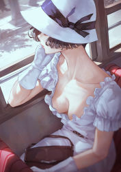 Rule 34 | 1girl, bag, black hair, black ribbon, bob cut, breasts, bus interior, cleavage, closed mouth, collarbone, commentary request, day, downblouse, dress, frilled dress, frills, gloves, hand on own face, handbag, hat, hat ornament, hat ribbon, highres, kaoming, medium breasts, no bra, original, pink lips, ribbon, short hair, short sleeves, sitting, solo, sunlight, white dress, white gloves, white hat