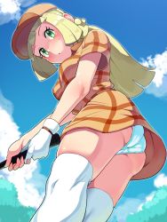 Rule 34 | 1girl, alternate costume, ass, blonde hair, blunt bangs, blush, boris (noborhys), braid, breasts, brown hat, commentary request, creatures (company), day, dress, dutch angle, from behind, from below, game freak, gloves, golf, golf club, green eyes, hat, highres, legs together, lillie (pokemon), long hair, looking at viewer, looking back, medium breasts, nintendo, open mouth, outdoors, panties, pokemon, pokemon (anime), pokemon sm (anime), single glove, skindentation, solo, standing, sweat, thighhighs, twin braids, underwear, upskirt, white panties, white thighhighs