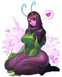 Rule 34 | 1girl, absurdres, antennae, arm behind leg, armor, arthropod girl, blue eyes, blue skin, breasts, brown hair, closed mouth, colored skin, fantasy, flower, guardians of the galaxy, heart, highres, large breasts, long hair, looking at viewer, mantis (marvel), marvel, marvel cinematic universe, original, pauldrons, photoshop (medium), pink flower, pink skin, reagan long, shoulder armor, sitting, smile, solo, spoken heart, wariza