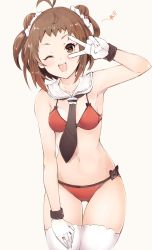 Rule 34 | 10s, 1girl, ;d, beige background, bikini, brown eyes, brown hair, cowboy shot, detached collar, double bun, gloves, hair bun, hand on own thigh, highres, kantai collection, looking at viewer, naka (kancolle), naka kai ni (kancolle), navel, one eye closed, open mouth, red bikini, sailor collar, simple background, smile, solo, sumisu (mondo), swimsuit, thigh gap, thighhighs, two side up, v, v over eye, white gloves, white thighhighs