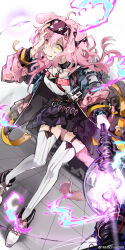Rule 34 | 1girl, a chxoblc, absurdres, animal ears, ankle boots, arknights, black hairband, black skirt, boots, breasts, cat ears, cat girl, cat tail, chinese commentary, cleavage, coat, commentary request, goldenglow (arknights), hairband, hand on own face, highres, holding, holding staff, id card, lightning, lightning bolt print, magic, medium breasts, medium hair, mixed-language commentary, open clothes, open coat, pink coat, pink hair, scared, shirt, simple background, skirt, solo focus, staff, tail, thighhighs, tile floor, tiles, weibo watermark, white background, white footwear, white shirt, white thighhighs, wide-eyed, yellow eyes