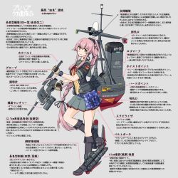 Rule 34 | 1girl, absurdres, belt pouch, black jacket, breasts, brown eyes, brown gloves, camouflage, commentary request, full body, gloves, grey background, grey sailor collar, grey skirt, gun, hair flaps, highres, holding, jacket, kantai collection, long hair, looking at viewer, machinery, neck ribbon, pink hair, pleated skirt, ponytail, pouch, red ribbon, ribbon, rigging, sailor collar, samusara, school uniform, serafuku, short sleeves, skirt, smile, solo, torpedo launcher, translation request, very long hair, watch, weapon, wristwatch, yura (kancolle), yura kai ni (kancolle)