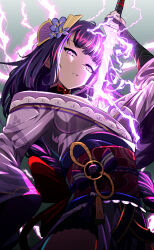 Rule 34 | 1girl, braid, breasts, commentary, electricity, fan hair ornament, flower, genshin impact, hair flower, hair ornament, highres, human scabbard, japanese clothes, kimono, long hair, looking at viewer, looking down, low-braided long hair, low-tied long hair, medium breasts, mole, mole under eye, neck ribbon, obi, purple eyes, purple flower, purple hair, purple kimono, raiden shogun, red ribbon, ribbon, samacho, sash, solo