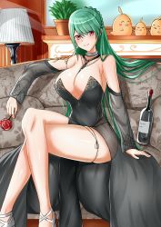 Rule 34 | 1girl, absurdres, alcohol, arm support, azur lane, bare shoulders, between breasts, black dress, blush, bottle, braid, breasts, choker, cleavage, closed mouth, commentary request, couch, crossed legs, detached sleeves, dress, flower, green hair, highres, holding, holding flower, indoors, lampshade, large breasts, littorio (azur lane), littorio (calabria aurea) (azur lane), long dress, long hair, looking at viewer, manjuu (azur lane), necktie, necktie between breasts, plant, red eyes, rekka (alo4610), rose, silver footwear, sitting, smile, strapless, thigh strap, thighhighs