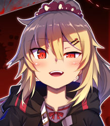 Rule 34 | 1girl, akai haato, akai haato (casual), alternate costume, blonde hair, blood, blood splatter, blush, dark persona, fang, guillotine, hair ornament, hairclip, heart, heart hair ornament, highres, hololive, jacket, long hair, looking at viewer, open mouth, ponytail, red eyes, ronnie l, solo, virtual youtuber