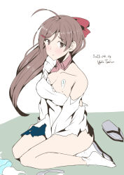 Rule 34 | 1girl, ahoge, artist name, bare shoulders, blush, breasts, brown eyes, brown hair, cleavage, damaged, dated, hair ornament, hairclip, highres, kantai collection, large breasts, long hair, mamiya (kancolle), on ground, sandals, seiza, simple background, sitting, solo, tabi, taira yuuki, torn clothes, white background