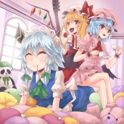 Rule 34 | 4girls, :d, ^ ^, bat wings, blonde hair, blood, blood from mouth, blue hair, bow, braid, cup, dress, closed eyes, fang, flandre scarlet, fuente, green ribbon, hair ribbon, hat, hat bow, highres, hong meiling, izayoi sakuya, crossed legs, maid headdress, mob cap, multiple girls, open mouth, pink dress, red bow, red dress, remilia scarlet, ribbon, short hair, short sleeves, sitting, sitting on person, slit pupils, smile, stuffed animal, stuffed toy, teacup, teddy bear, touhou, tress ribbon, twin braids, wings