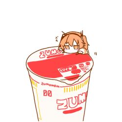 Rule 34 | 1girl, a.i. voice, adachi rei, blush, brand name imitation, chibi, climbing, commentary request, headlamp, highres, jacket, long sleeves, mini person, minigirl, nissin cup noodle, no mouth, no pupils, noodle stopper, one side up, orange eyes, orange hair, radio antenna, simple background, solo, utau, wato (wato miiiiiku), white background, white jacket
