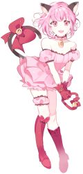 Rule 34 | 00s, 1girl, :d, animal ears, bad id, bad pixiv id, boots, bow, breasts, cat ears, cat tail, cleavage, dress, fang, full body, gloves, highres, looking at viewer, mew ichigo, momomiya ichigo, off shoulder, open mouth, pink dress, pink eyes, pink hair, piyo (ppotatto), red gloves, short hair, simple background, small breasts, smile, solo, symbol-shaped pupils, tail, tail bow, tail ornament, tokyo mew mew, white background