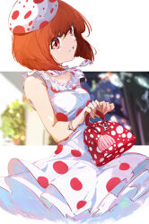 Rule 34 | 1girl, absurdres, arima kana, bag, beret, blurry, blurry background, bob cut, breasts, collarbone, commentary, cropped legs, dress, frilled dress, frills, hair between eyes, handbag, hat, highres, inverted bob, looking at viewer, medium breasts, medium hair, neck ribbon, oshi no ko, parted lips, polka dot, polka dot dress, polka dot headwear, red eyes, red hair, ribbon, shadow, sleeveless, sleeveless dress, smile, solo, t.k.c, white dress, white hat, white ribbon