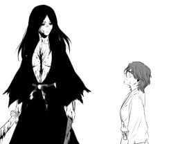 Rule 34 | 1boy, 1girl, aged down, aizen sousuke, bleach, blood, breasts, cleavage, eye contact, greyscale, hair down, height difference, japanese clothes, katana, kimono, ktsis, long hair, looking at another, monochrome, simple background, sword, unohana retsu, weapon, white background, yukata