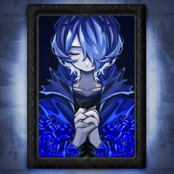 Rule 34 | 1boy, blue hair, closed eyes, coat, flower, garry (ib), hair over one eye, high collar, highres, ib (kouri), long sleeves, male focus, multicolored hair, own hands clasped, own hands together, parted lips, picture frame, pocan, rose, short hair, solo, two-tone hair