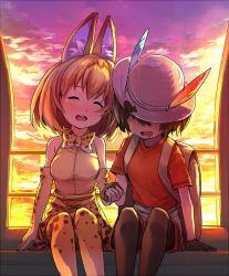 Rule 34 | 10s, 2girls, animal ears, bag, black hair, blonde hair, blush, bow, bowtie, closed eyes, cloud, cloudy sky, covering own eyes, crying, elbow gloves, ferris wheel, gloves, happy, hat, hat feather, holding hands, kaban (kemono friends), kemono friends, magenta (atyana), multiple girls, open mouth, pantyhose, serval (kemono friends), serval print, serval tail, shirt, short hair, shorts, sitting, skirt, sky, smile, sunset, tail, tears, thighhighs, yuri