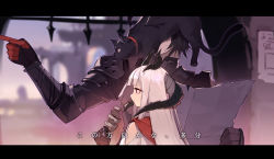 Rule 34 | 1boy, 1girl, animal, animal on head, armor, black armor, black hair, blurry, blurry background, cat, dragon horns, gate, highres, holding, holding map, horns, jong tu, letterboxed, looking to the side, map, on head, outdoors, pixiv fantasia, pixiv fantasia last saga, pointing, portcullis, profile, red eyes, skewer, standing, upper body