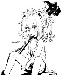 Rule 34 | 1girl, aged down, arknights, boots, candy, collar, collarbone, feet out of frame, flat chest, food, food in mouth, fur-trimmed shorts, fur trim, greyscale, hair between eyes, highres, holding, holding weapon, knees up, lion girl, lion tail, lollipop, long hair, monochrome, mouth hold, over shoulder, oversized clothes, oversized shirt, ponytail, shirt, shorts, siege (arknights), simple background, sitting, solo, studded collar, tail, tank top, twitter username, war hammer, weapon, weapon over shoulder, white background, yom (ymayma00ss)