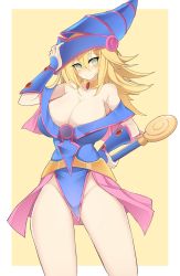 Rule 34 | 1girl, bare shoulders, blonde hair, blush, blush stickers, breasts, choker, cleavage, dark magician girl, duel monster, green eyes, hand on own hip, hat, highres, large breasts, long hair, pigat, smile, solo, wand, wizard hat, yu-gi-oh!