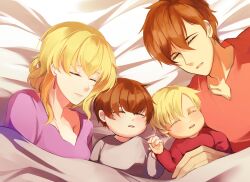 Rule 34 | 1girl, 3boys, aged up, baby, blonde hair, brown hair, closed eyes, closed mouth, commentary, commission, drop earrings, earrings, english commentary, family, fire emblem, fire emblem: thracia 776, hair between eyes, highres, holding hands, jewelry, leif (fire emblem), multiple boys, nanna (fire emblem), nintendo, on bed, open mouth, second-party source, short hair, sleeping, tsang fei