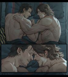 Rule 34 | 2boys, bara, bed, black hair, black nails, brown hair, closed eyes, couple, death stranding, facial hair, hamms hamss, higgs (death stranding), highres, indoors, large pectorals, looking at another, lying, male focus, multiple boys, muscular, muscular male, nipples, on bed, on side, pectorals, sam porter bridges, short hair, smile, twitter username, yaoi