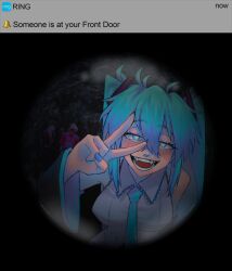 Rule 34 | 1girl, aqua eyes, aqua hair, aqua nails, arm behind back, artist name, bare shoulders, blue necktie, blush, circle, collared shirt, commentary, detached sleeves, english commentary, fangs, grey shirt, hatsune miku, heart, heart-shaped pupils, highres, leaning forward, long hair, looking at viewer, meme, nail polish, necktie, open mouth, pov, pov peephole, sainttufa, shirt, smile, solo, symbol-shaped pupils, teeth, twintails, upper body, v, vocaloid