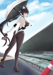 Rule 34 | 1girl, absurdres, ahigashi (3098644761), azur lane, backless outfit, black pantyhose, dutch angle, elbow gloves, from behind, full body, gloves, highres, holding, holding shoes, holding umbrella, leotard, looking at viewer, looking back, no shoes, official alternate costume, pantyhose, ponytail, race queen, racetrack, shoes, unworn shoes, takao (azur lane), takao (full throttle charmer) (azur lane), umbrella