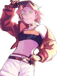 Rule 34 | 1girl, baseball cap, belt, black choker, black gloves, black tube top, casual, choker, closed mouth, gloves, green eyes, hand on own hip, haruno sakura, hat, highres, jacket, long sleeves, looking at viewer, midriff, naruto (series), naruto shippuuden, navel, open clothes, open jacket, pants, pink hair, pnpk 1013, red jacket, short hair, simple background, single strap, smile, solo, stomach, strapless, tube top, white background, white pants