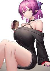 Rule 34 | 1girl, absurdres, arm support, bare shoulders, black choker, black sweater, bow, breasts, choker, commentary request, dress, feet out of frame, hair bow, highres, large breasts, long sleeves, looking at viewer, lucid (maplestory), maplestory, mea (hwaksal), nail polish, off-shoulder dress, off-shoulder sweater, off shoulder, parted lips, pointy ears, purple bow, purple eyes, purple hair, purple nails, short hair, simple background, sitting, solo, sweater, sweater dress, thighs, white background