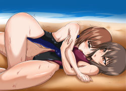 Rule 34 | 10s, 2girls, beach, blush, breasts, brown eyes, brown hair, girls und panzer, incest, large breasts, lying, multiple girls, nishizumi maho, nishizumi miho, on back, one-piece swimsuit, open mouth, siblings, sisters, sweat, swimsuit, wet, yuri
