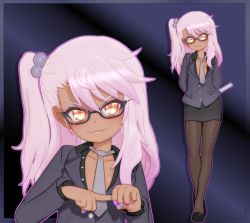 Rule 34 | &gt;:), 1girl, 3d, alternate costume, arms behind back, bespectacled, black-framed eyewear, black footwear, black pantyhose, blush, chloe von einzbern, closed mouth, collarbone, dark-skinned female, dark skin, fate/kaleid liner prisma illya, fate (series), female focus, flat chest, full body, glasses, grey neckwear, gs-mantis, hair bobbles, hair ornament, lips, long hair, long sleeves, looking at viewer, multicolored nails, nail polish, naughty face, necktie, no bra, outline, pantyhose, partially unbuttoned, pencil skirt, penetration gesture, pink hair, pink nails, purple background, purple nails, ruler, sexually suggestive, shoes, skirt, standing, two-tone background, upper body, v-shaped eyebrows, yellow eyes